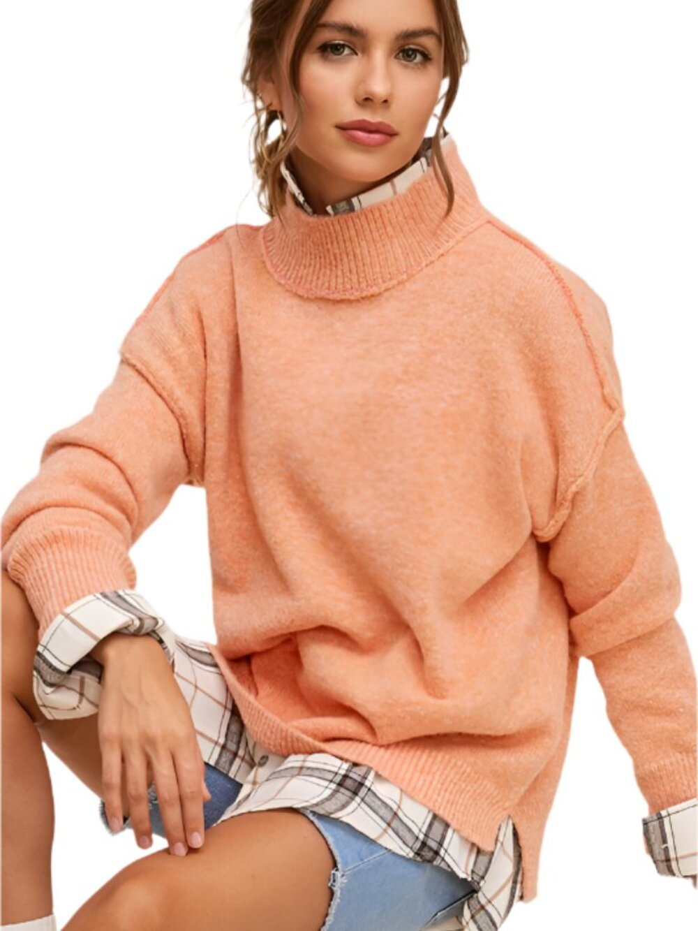 Size Medium Light Orange Long Sleeve Turtleneck Sweater - Picture 3 of 3